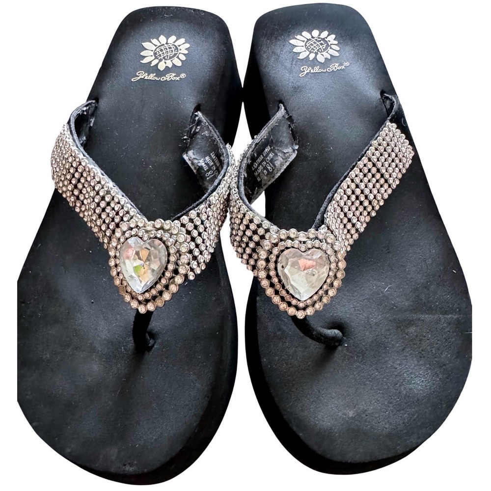 Yellow Box Rhinestone Heart Platform Flip Flops Y2K Bling Sandals Black Size 8.5 - Picture 4 of 11